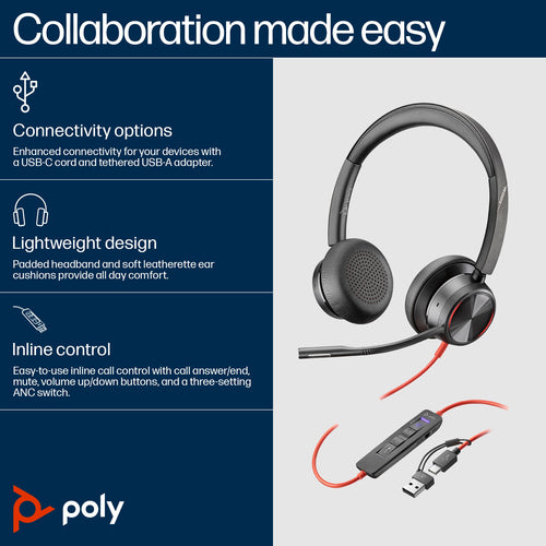POLY Blackwire 8225 Stereo Microsoft Teams Certified USB-C Headset +USB-C/A Adapter POLY Blackwire 8225 Stereo Microsoft Teams Certified USB-C Headset +USB-C/A Adapter